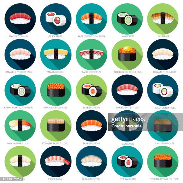 ilustrações, clipart, desenhos animados e ícones de conjunto de ícones de sushi - saquê