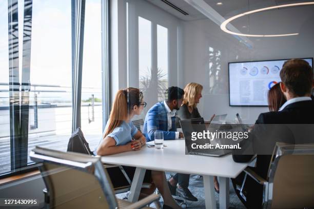 executive team watching video in office conference room - board room stock pictures, royalty-free photos & images