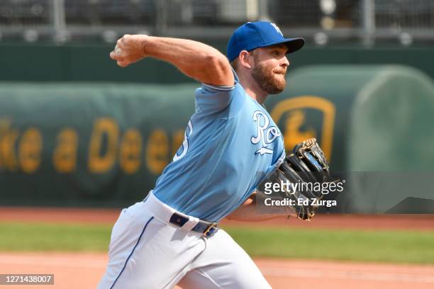 Relief pitcher Chance Adams of the Kansas City Royals throws in the seventh inning against the Chicago White Sox at Kauffman Stadium on September 6,...