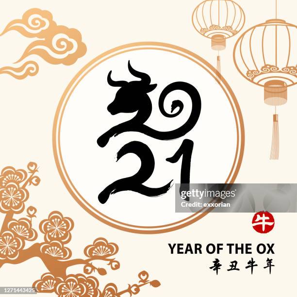 stockillustraties, clipart, cartoons en iconen met jaar van de ox 2021 kalligrafie - chinese lantern festival