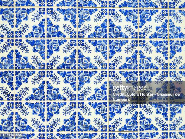 blue and white azulejos on the facade of a house in porto - cultura portoghese foto e immagini stock