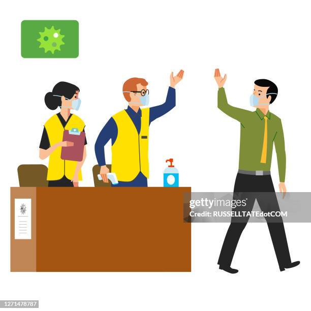 stockillustraties, clipart, cartoons en iconen met patron golven als hij passeert covid marshals bij het verlaten van een openbare locatie - hand sanitizer