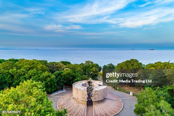 aerial view of burgas pantheon "internal fire" - (bulgarian: пантеон "вечен огън", бургас, българия) - burgas bulgaria stock pictures, royalty-free photos & images