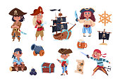 Cartoon pirates. Funny pirate captain and sailor characters, ship treasure map vector collection