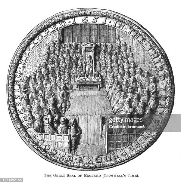 old engraved illustration of the great seal of england (cromwell's time) - british royalty stock pictures, royalty-free photos & images