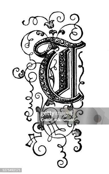 old engraved illustration of letter t, decorative ornament - letter t stock pictures, royalty-free photos & images