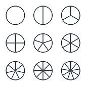 Piece of Circle and Fractions vector icons. Pie chart line circles. Ratio and parts linear vector icons.