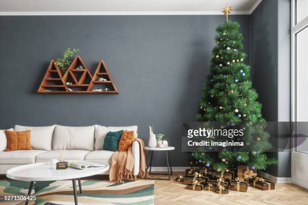 wohnzimmer und weihnachtsbaum - decoration stock-fotos und bilder