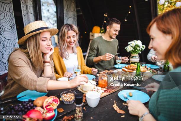 fröhliche freunde feiern ihr wiedersehen mit erstaunlichen italienischen käsebrett und wein - cheese plate stock-fotos und bilder