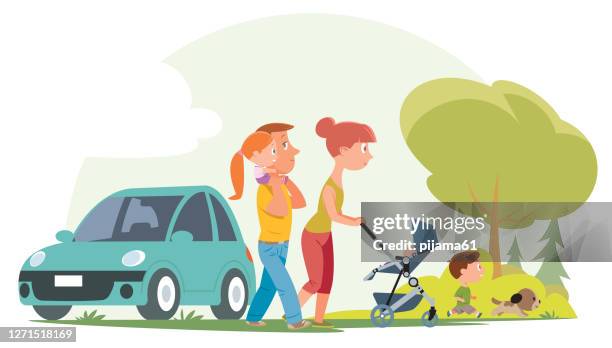 happy family walks in a public park. mom, dad, son and daughter are walking in the park against the background of nature and sky. young and beautiful family. - large family stock illustrations