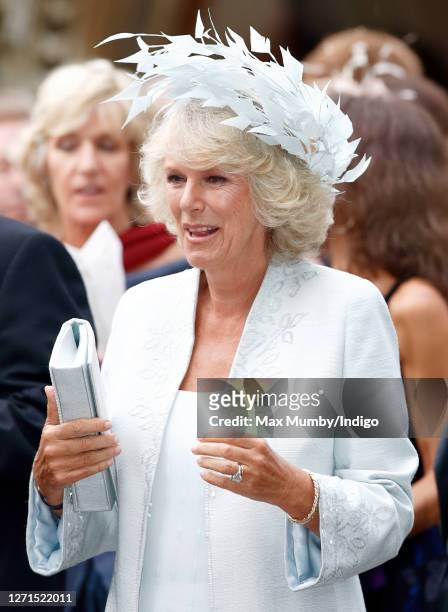 Camilla, Duchess of Cornwall attends the wedding of her son Tom Parker Bowles and Sara Buys at St Nicholas Church on September 10, 2005 in...