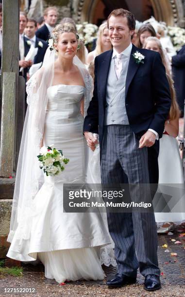 Sara Buys and Tom Parker Bowles depart after their wedding at St Nicholas Church on September 10, 2005 in Rotherfield Greys, England.