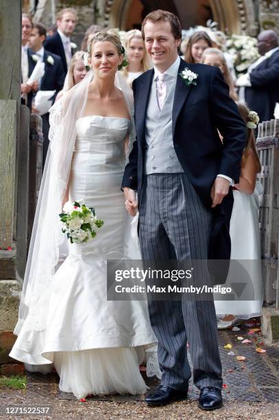 Sara Buys and Tom Parker Bowles depart after their wedding at St Nicholas Church on September 10, 2005 in Rotherfield Greys, England.