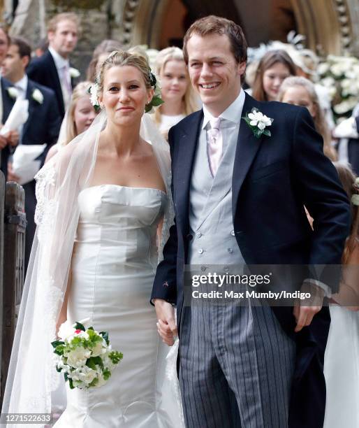 Sara Buys and Tom Parker Bowles depart after their wedding at St Nicholas Church on September 10, 2005 in Rotherfield Greys, England.