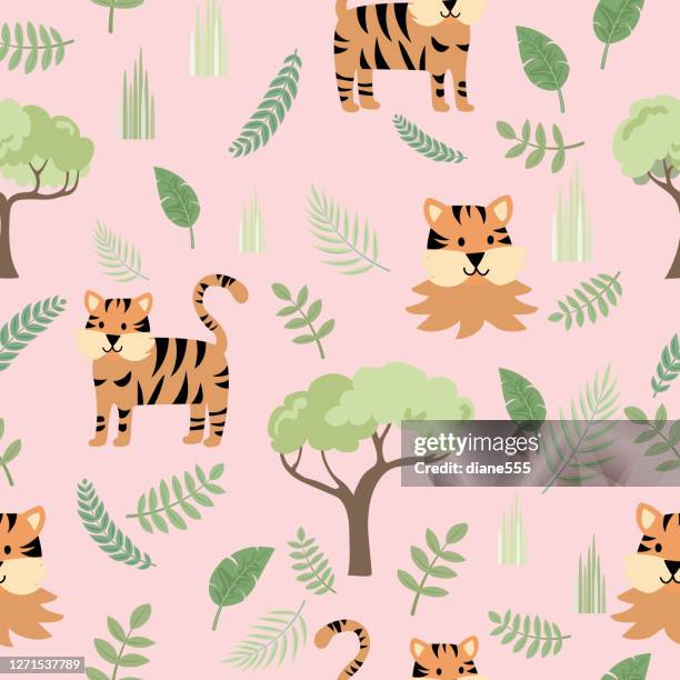 cute jungle animals - tiger seamless pattern - jungle tree cartoon stock illustrations