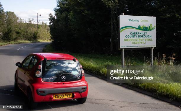 General view of a road sign welcoming motorists to Caerphilly Borough where Local Covid restrictions apply on September 09, 2020 in Caerphilly,...