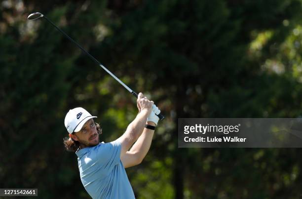 Tommy Fleetwood of England plays a shot during the Pro Am prior to the Portugal Masters at Dom Pedro Victoria Golf Course on September 09, 2020 in...