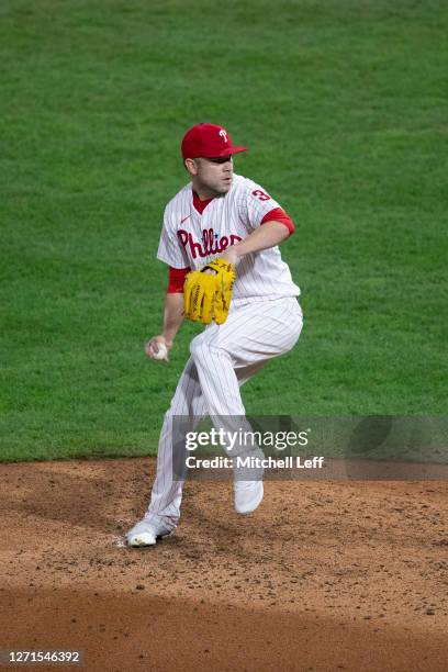 David Phelps of the Philadelphia Phillies throws a pitch against the Washington Nationals at Citizens Bank Park on September 2, 2020 in Philadelphia,...