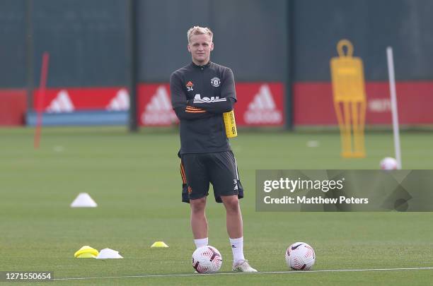 Donny van de Beek of Manchester United in action during a first team training session at Aon Training Complex on September 09, 2020 in Manchester,...