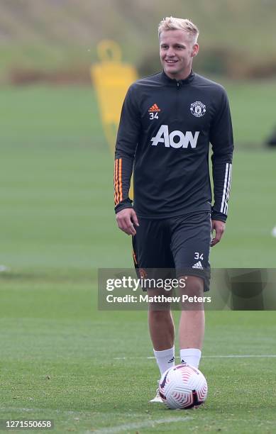 Donny van de Beek of Manchester United in action during a first team training session at Aon Training Complex on September 09, 2020 in Manchester,...