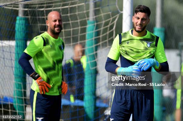 Pepe Reina and Thomas Strakosha of SS Lazio during the SS Lazio training session at the Fornello Center on September 09, 2020 in Rome, Italy.