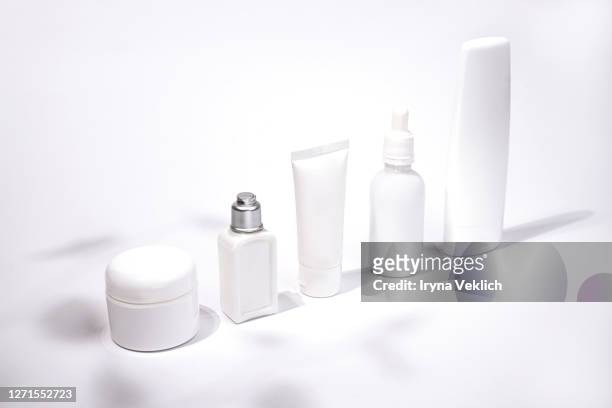 luxury white cosmetic products on white background. - korean beauty products foto e immagini stock
