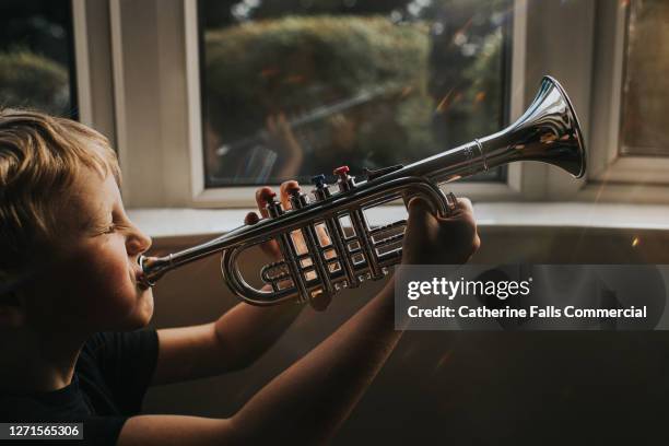 little boy blowing hard into a toy trumpet - children holding musical instruments stock pictures, royalty-free photos & images