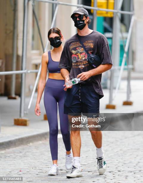 Kaia Gerber and Jacob Elordi come back from the gym on September 09, 2020 in New York City.