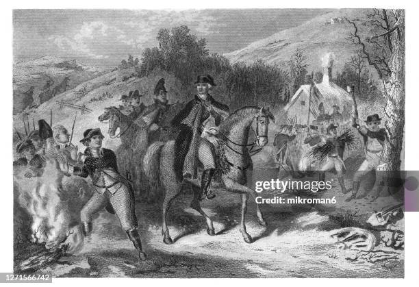 old engraved illustration of george washington's continental army leaving the winter camp at valley forge, pennsylvania during the revolutionary war. - american troops at valley forge stock-fotos und bilder