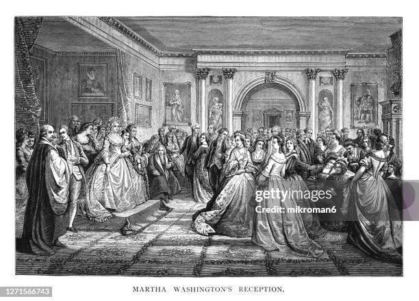 old engraved illustration of martha washington, presidential reception - martha washington fotografías e imágenes de stock