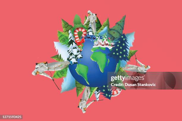 planet earth, christmas trees and men in protective suits - clearing snow stock illustrations