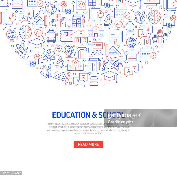 education and school related banner design with pattern. modern line style icons vector illustration - student using digital tablet stock illustrations