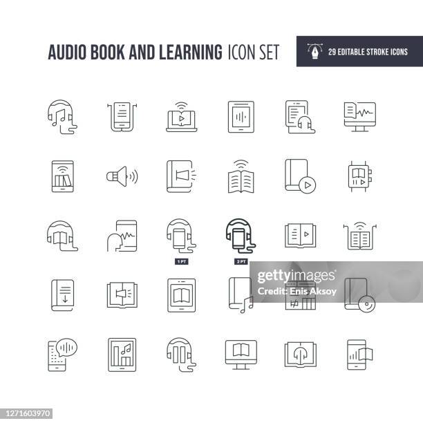 ilustraciones, imágenes clip art, dibujos animados e iconos de stock de iconos de línea de trazo editables de audio y e-learning - audiolibro