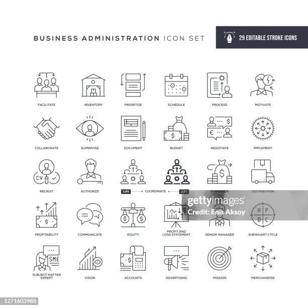 ilustraciones, imágenes clip art, dibujos animados e iconos de stock de iconos de línea de trazos editables de administración de empresas - agenda icon