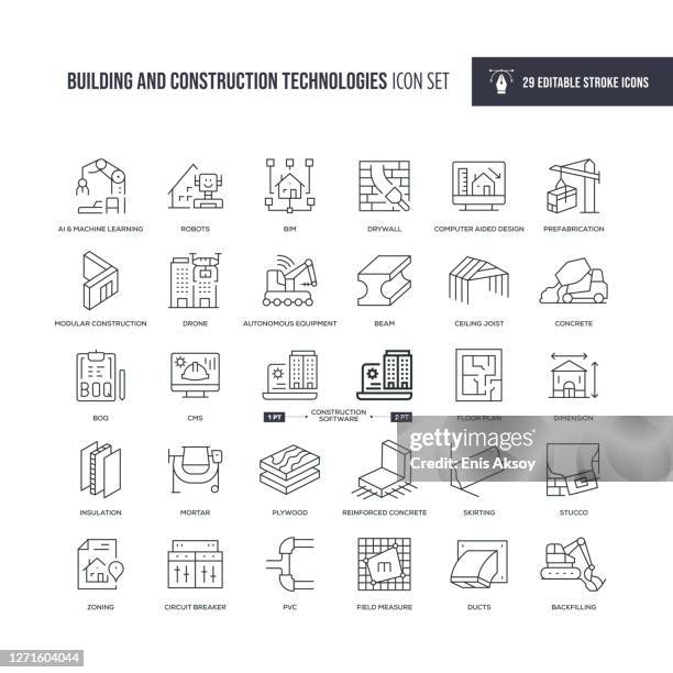 gebäude- und konstruktionstechnologien bearbeitbare strichliniensymbole - dachbalken stock-grafiken, -clipart, -cartoons und -symbole