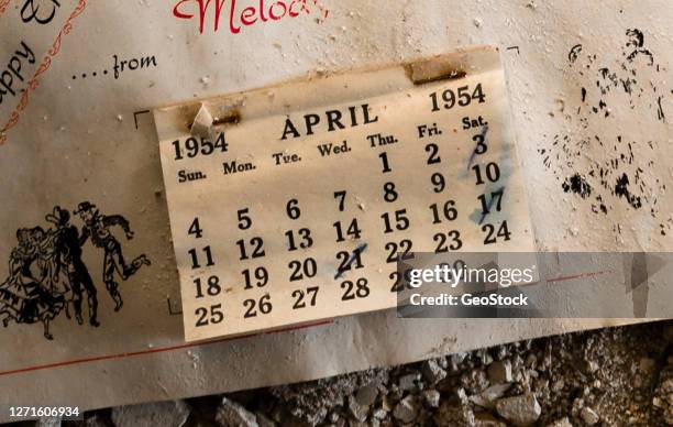 soiled wall calendar found in a derelict farmhouse - april stock pictures, royalty-free photos & images