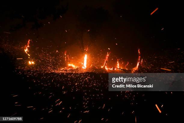 Fires burn in the Moria migrant camp on September 9, 2020 in Lesbos, Greece. A massive fire ravaged the Moria migrant camp on Tuesday night leaving...