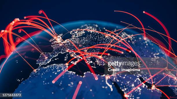 global communication network (world map credits to nasa) - connection stock-fotos und bilder
