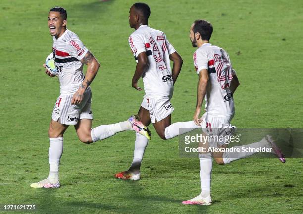 Luciano of Sao Paulo celebrates after scoring the first goal of his team during the match against Red Bull Bragantino as part of Brasileirao Series A...