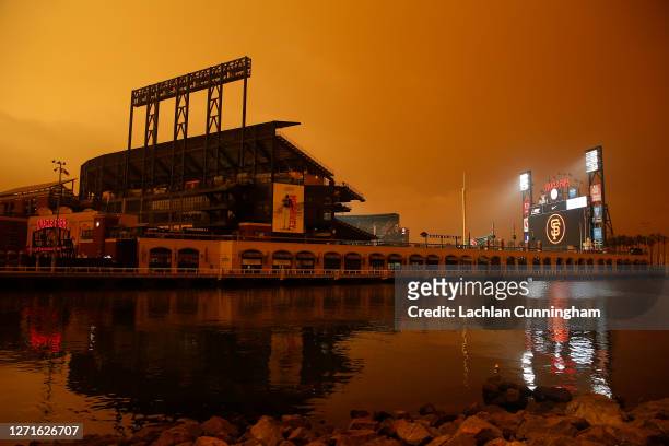An exterior view of the ballpark before the game between the San Francisco Giants and the Seattle Mariners at Oracle Park on September 09, 2020 in...