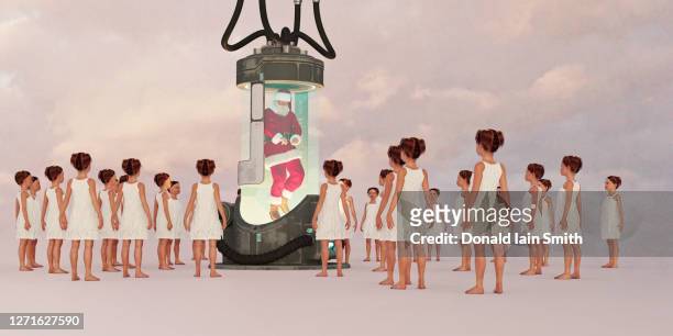 multiple identical girls watching santa in a cryogenic stasis pod - surrounding cylinder stock pictures, royalty-free photos & images