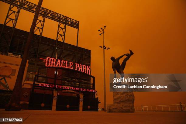 An exterior view of the ballpark before the game between the San Francisco Giants and the Seattle Mariners at Oracle Park on September 09, 2020 in...