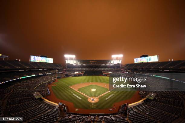 General view of the Oakland Athletics playing against the Houston Astros in the first inning at RingCentral Coliseum on September 09, 2020 in...