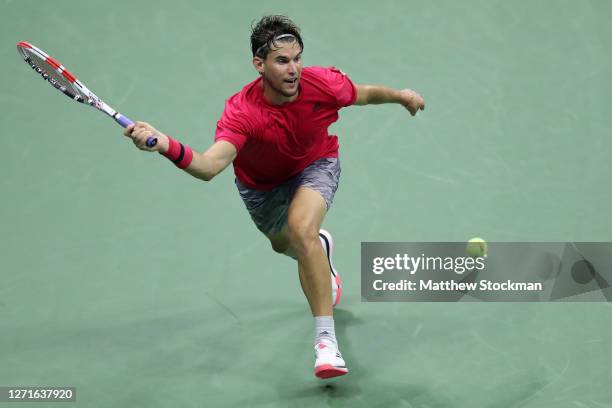 Dominic Thiem of Austria returns a volley during his Men’s Singles quarter-finals match against Alex de Minaur of Australia on Day Ten of the 2020 US...