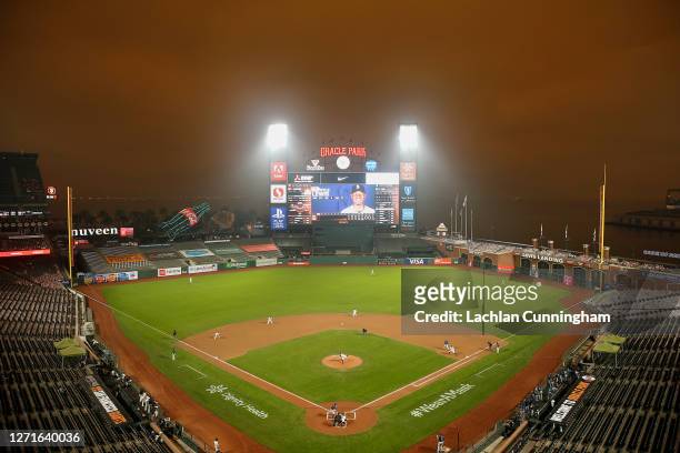 General view of play between the San Francisco Giants and the Seattle Mariners at Oracle Park on September 09, 2020 in San Francisco, California....