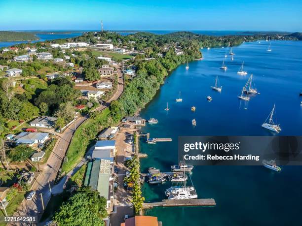 aerial drone photograph of the town of neiafu, vava'u island, kingdom of tonga - isole vavau foto e immagini stock