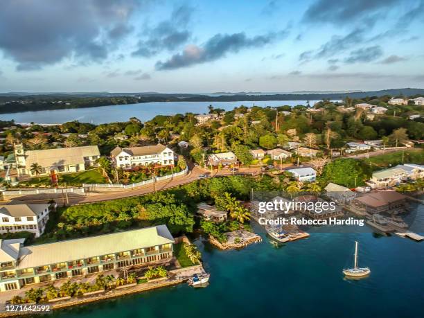 aerial drone photograph of the town of neiafu, vava'u island, kingdom of tonga - tonga photos et images de collection