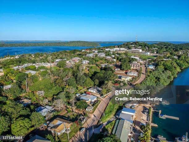 aerial drone photograph of the town of neiafu, vava'u island, kingdom of tonga - neiafu island tonga stock pictures, royalty-free photos & images