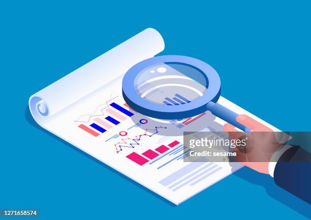 isometric hand holding a magnifying glass to view data report - scrutiny stock illustrations