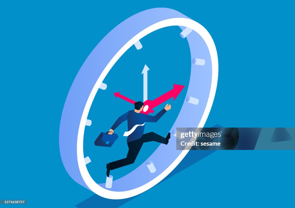 Businessman running fast inside the clock, businessman fighting against time